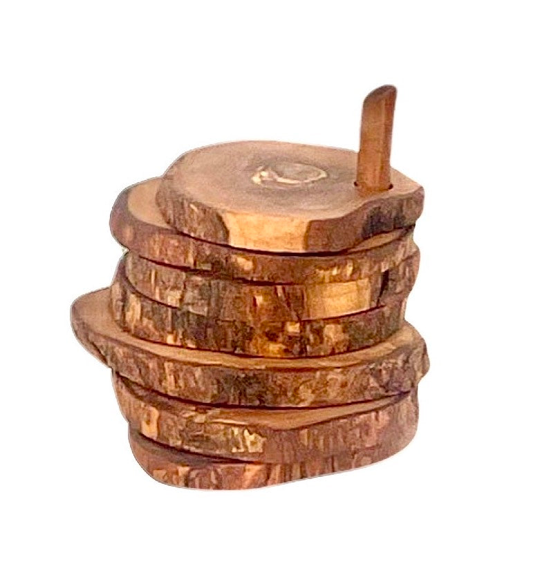 Olive Wood Coaster Set 7Pc With Holder - Natural Round Handcarved Coasters