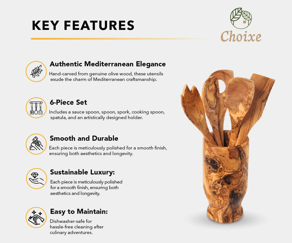 Olive Wood Kitchen Utensil Set 6-Piece Hand-Carved Servers With Holder