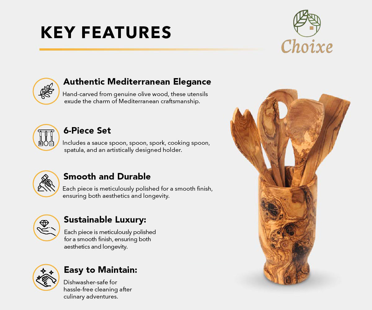 Olive Wood Kitchen Utensil Set 6-Piece Hand-Carved Servers With Holder