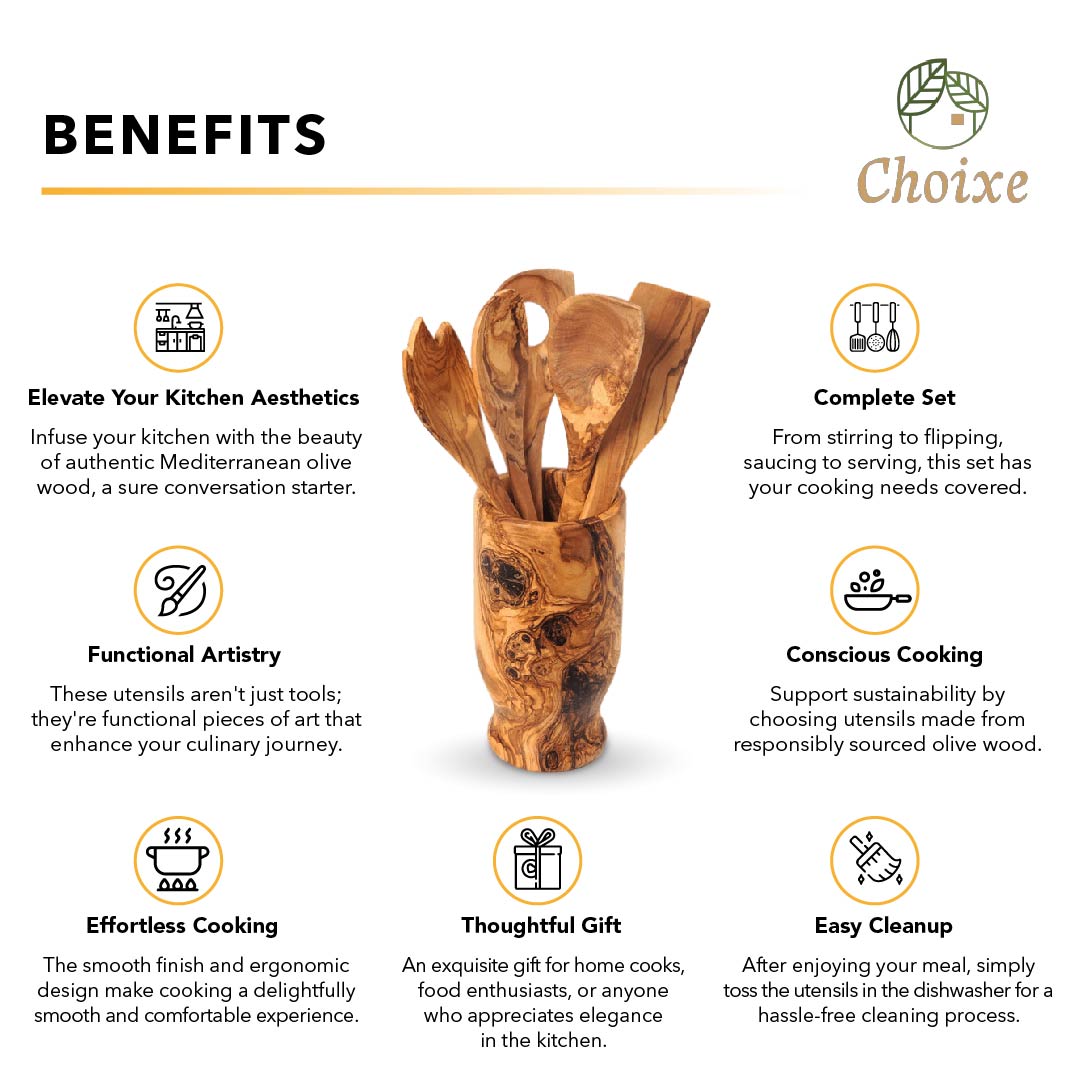 Olive Wood Kitchen Utensil Set 6-Piece Hand-Carved Servers With Holder