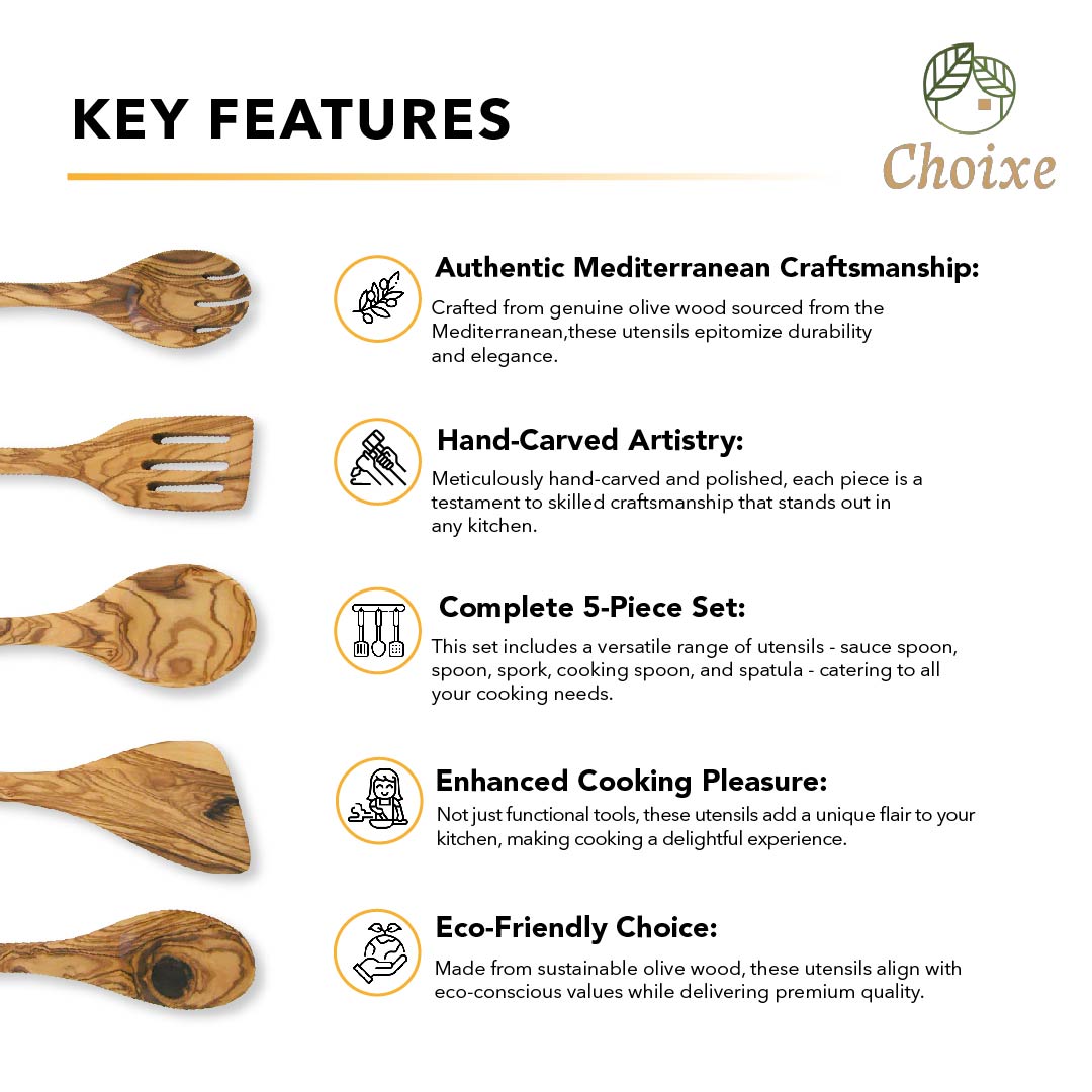 Olive Wood Utensil Set 5-Piece Hand-Carved Kitchen Servers, Durable