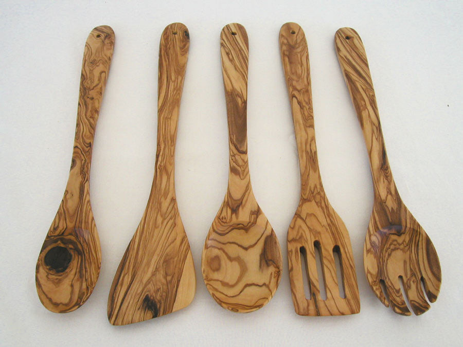 Olive Wood Utensil Set 5-Piece Hand-Carved Kitchen Servers, Durable
