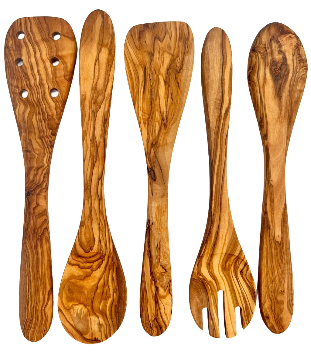 Olive Wood Utensil Set 5-Piece Hand-Carved Kitchen Servers, Durable
