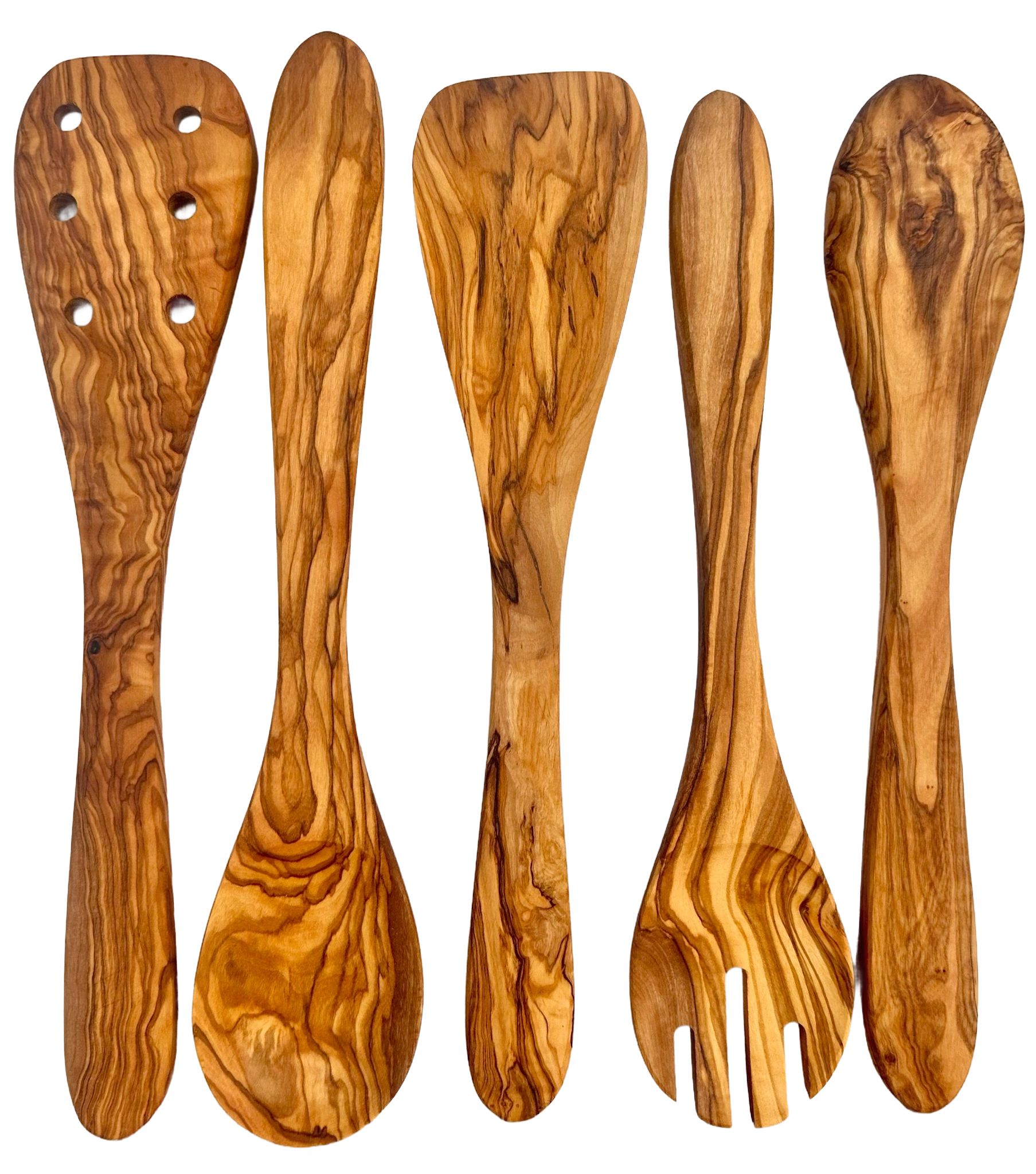 Olive Wood Utensil Set 5-Piece Hand-Carved Kitchen Servers, Durable