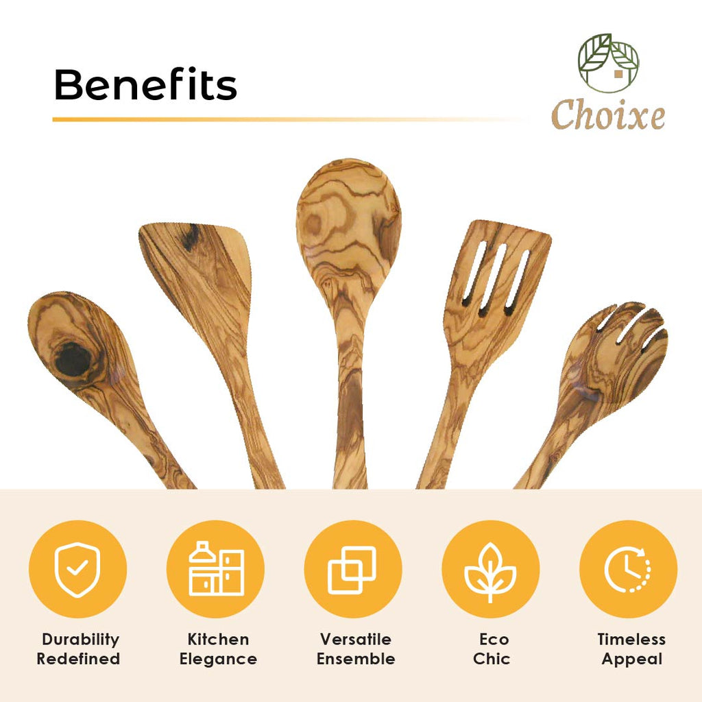 Olive Wood Utensil Set 5-Piece Hand-Carved Kitchen Servers, Durable