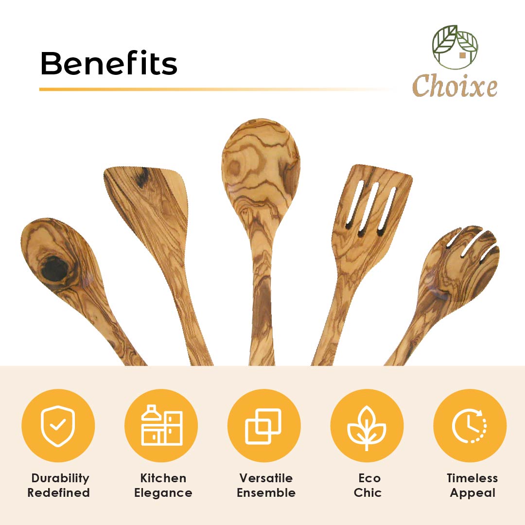 Olive Wood Utensil Set 5-Piece Hand-Carved Kitchen Servers, Durable