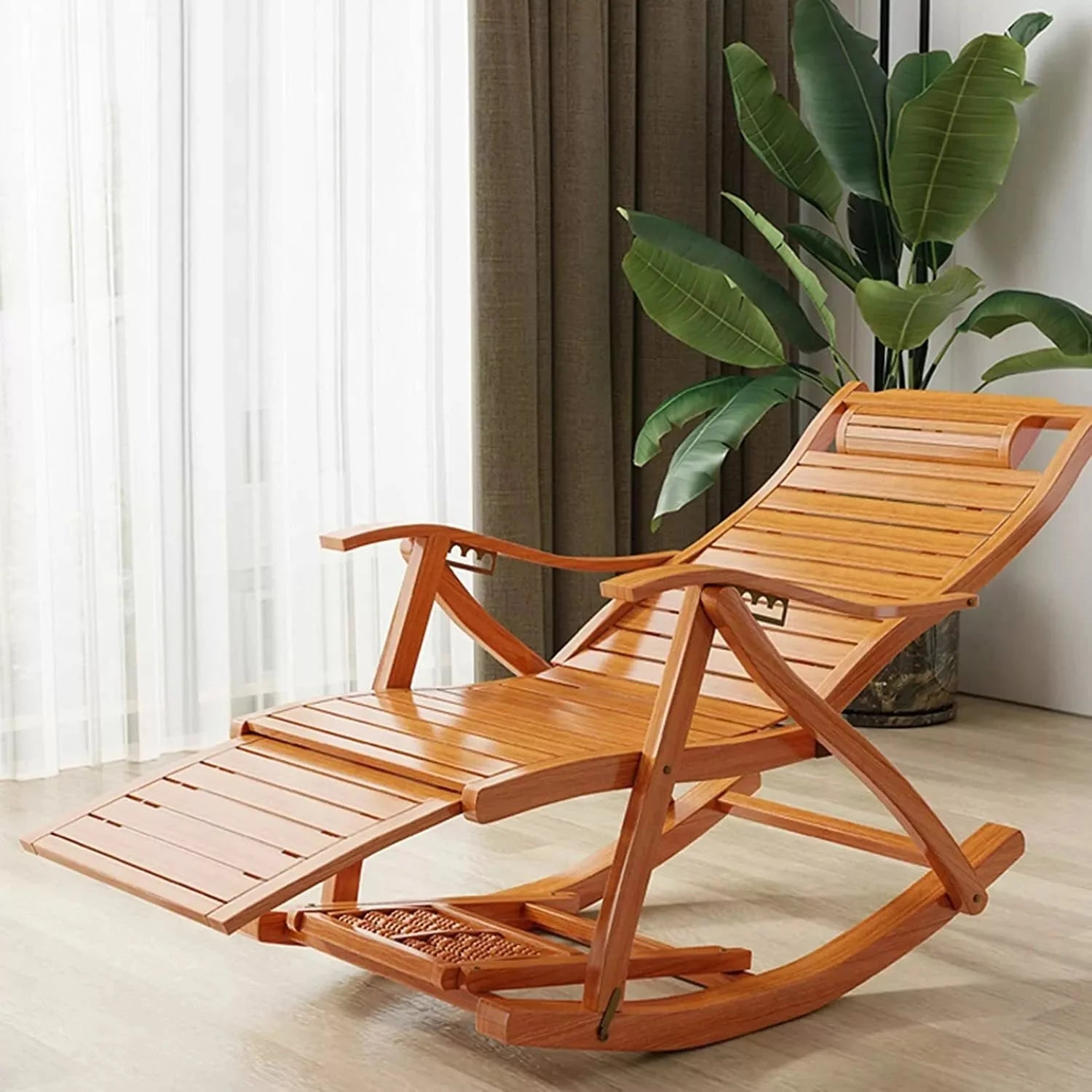 Foldable Bamboo Rocking Chair for Indoor Relaxation and Outdoor Patio Seating - Alphamona