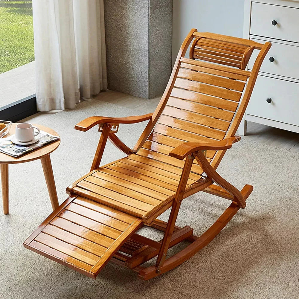Foldable Bamboo Rocking Chair for Indoor Relaxation and Outdoor Patio Seating - Alphamona