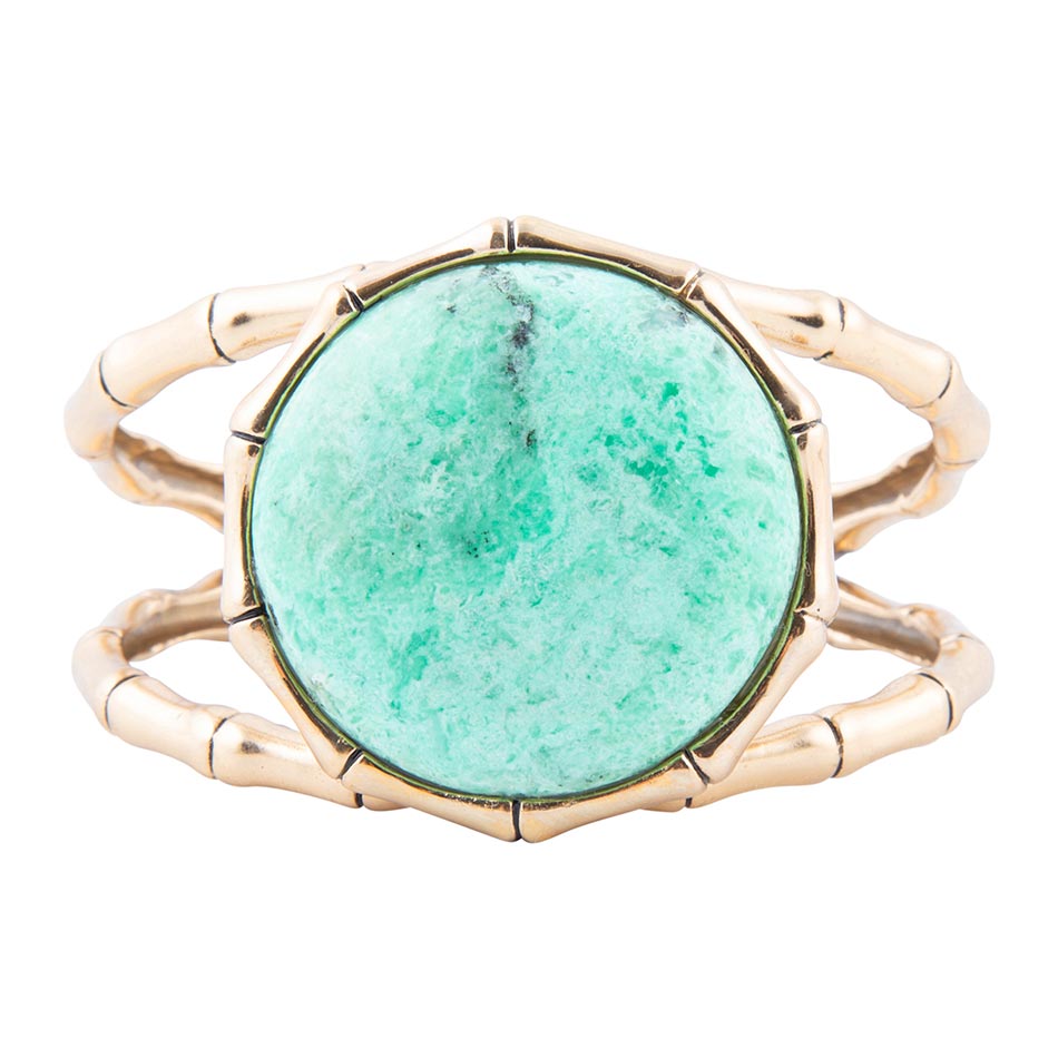 Vibrant Green Chrysoprase Bracelet with Golden Bamboo Statement Cuff - Alphamona