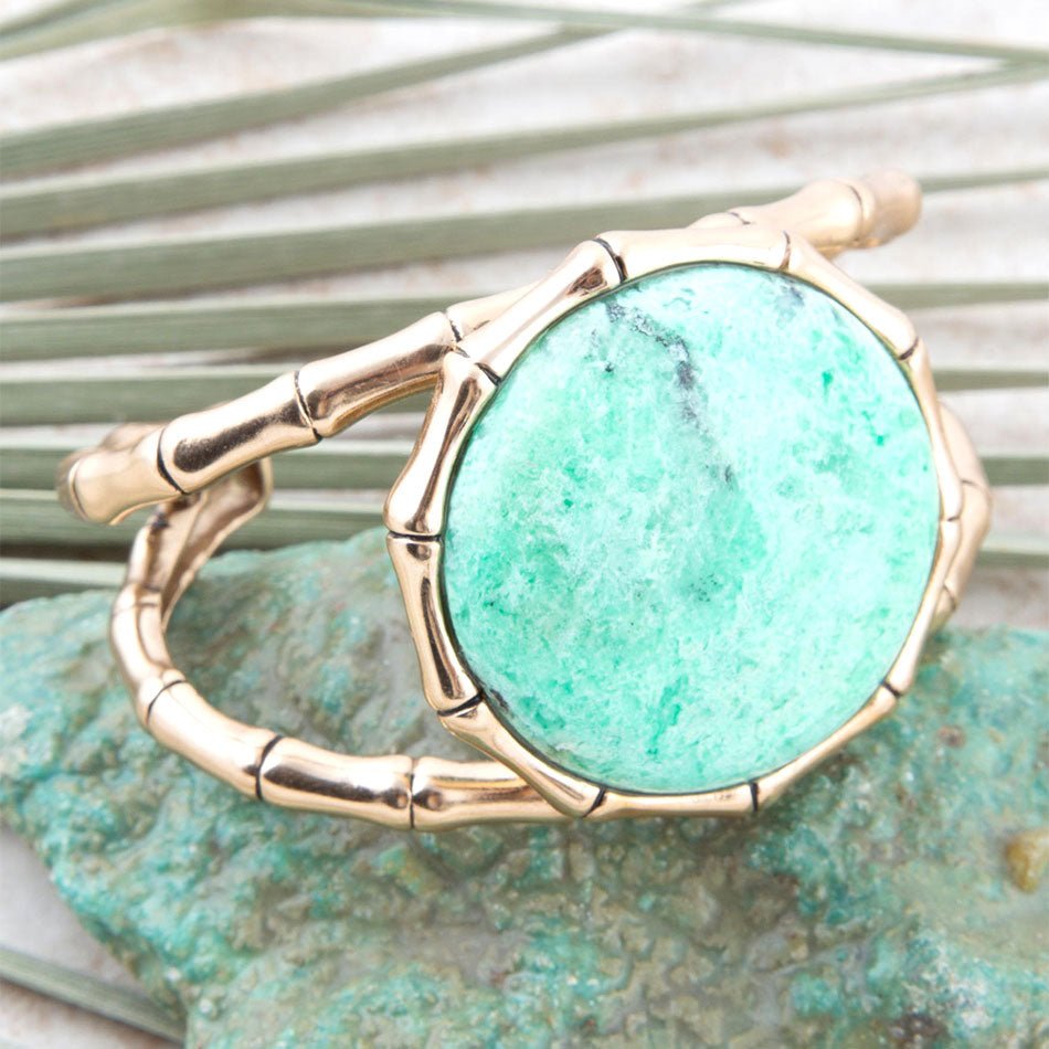 Vibrant Green Chrysoprase Bracelet with Golden Bamboo Statement Cuff - Alphamona