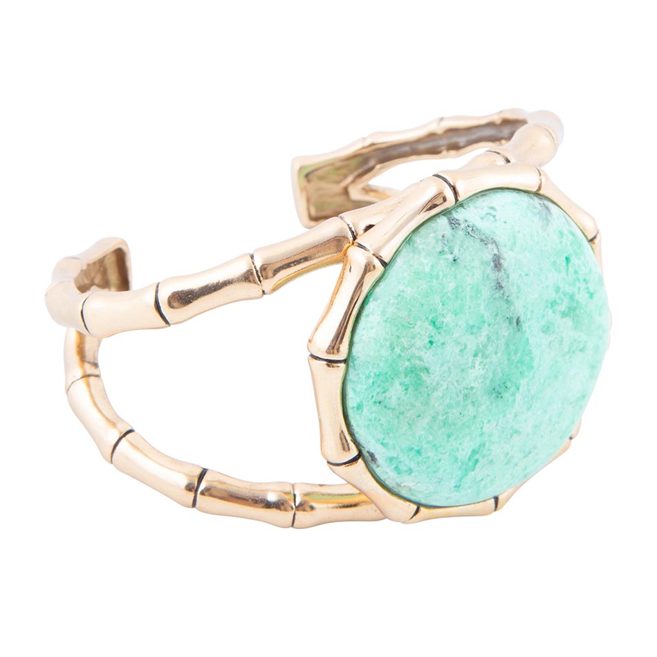 Vibrant Green Chrysoprase Bracelet with Golden Bamboo Statement Cuff - Alphamona