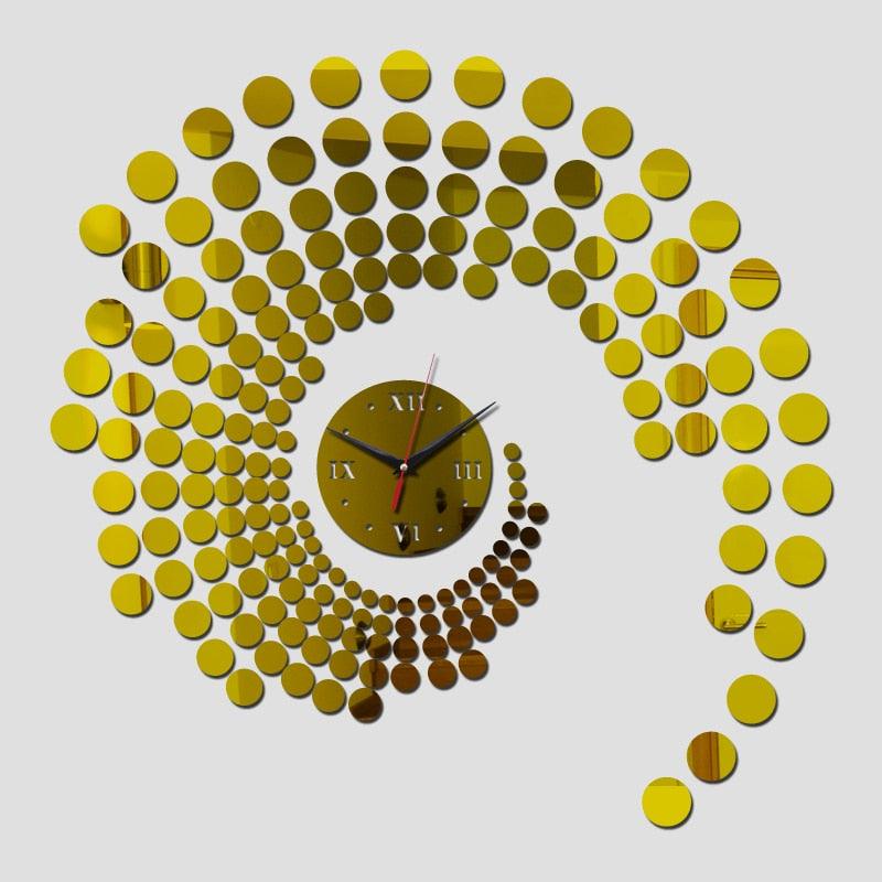Decorative wall clock with yellow circular accents on a white background